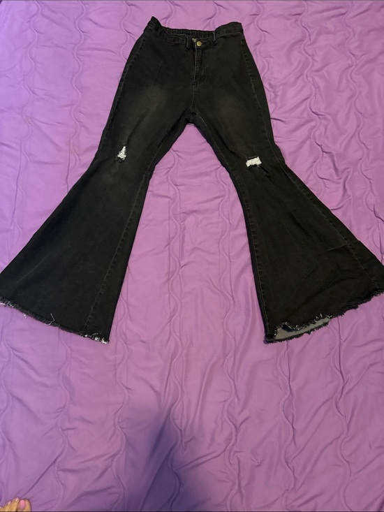 None Denim - High-Rise Black Flare Jeans with Distressed Knees